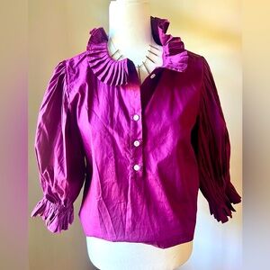 Ruffle Collar Purple  3/4 Button Down Blouse
